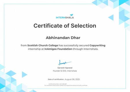 Internship Certificate Certificate of Selection